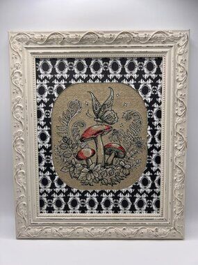 Homemade Butterfly On Mushroom Framed 8X10 Embroidery Art